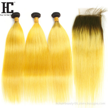 Wholesale Price Ombre T1B/yellow Brazilian Straight Hair Bundles With Lace Closure and Frontal with Dark Roots